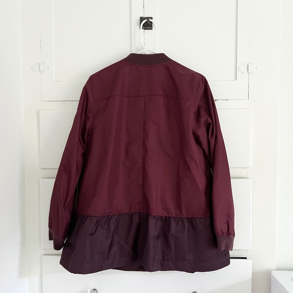 LOGO Lori Goldstein Burgundy Bomber Jacket Tiered Peplum Hem Full Zip Size Small - Picture 6 of 7